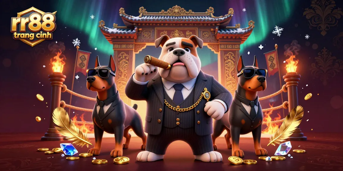 Experience thrilling gambling at rr88 trang chính with a cartoon mafia boss and Doberman bodyguards amid a dazzling casino backdrop.