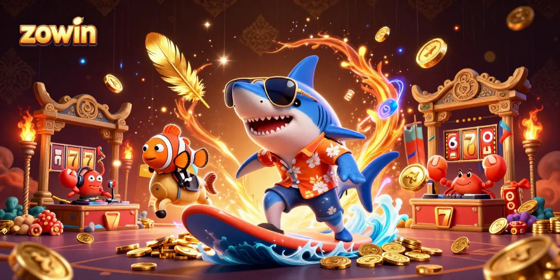 Zowin brings high-energy excitement with vibrant characters surfing on gold coins in a dynamic casino scene.