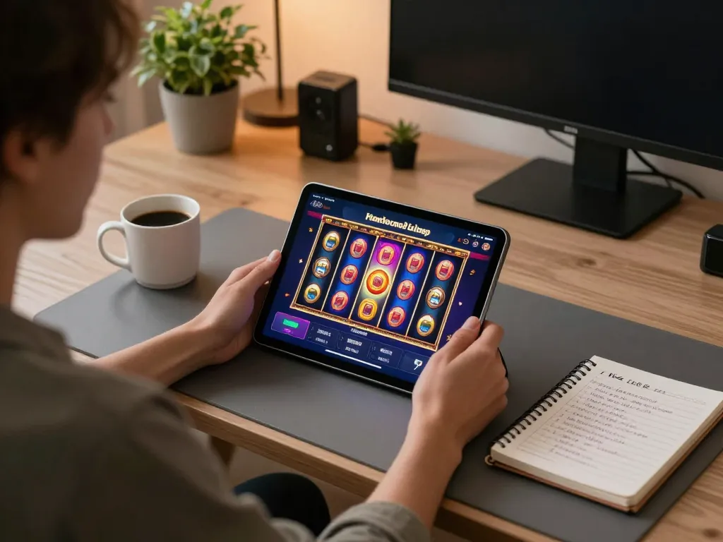 Player enjoying Topzo app on tablet during online slot game session, cozy gaming setup at home