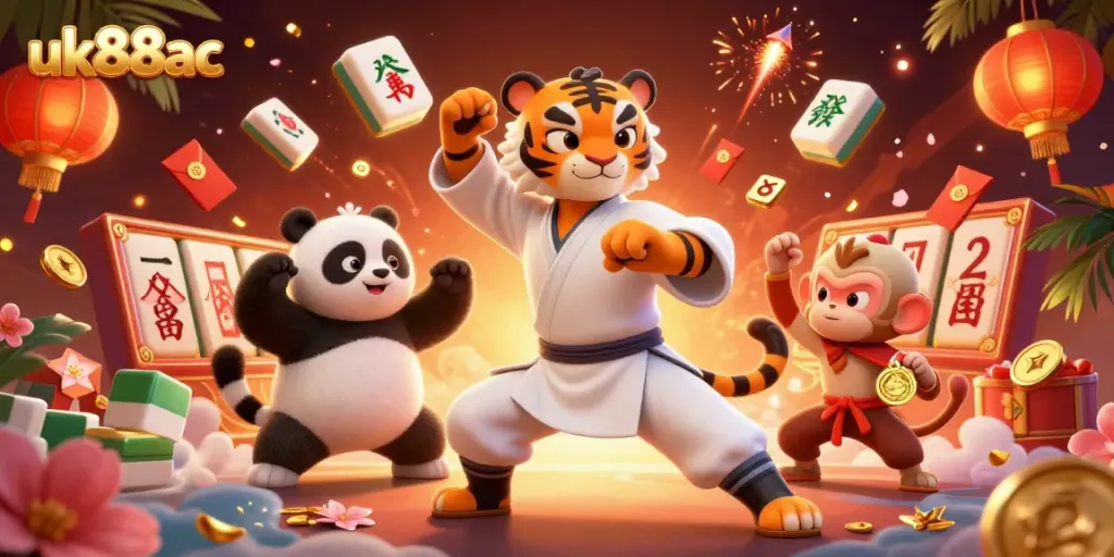 Engage with uk88ac's thrilling gameplay featuring a kung fu tiger master, panda and monkey in a vibrant casino scene.