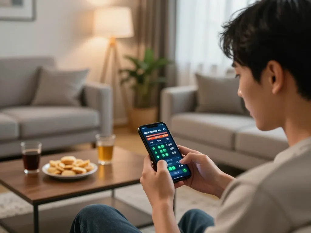 Engaged user checking Keo nha cai sports betting odds on smartphone in cozy home