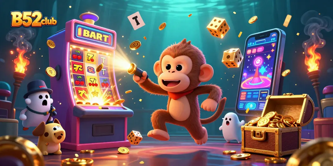 B52club captures excitement in a dynamic gambling scene with a mischievous monkey and ghost-hunter puppy.