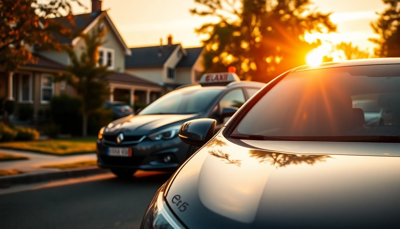 Minicabs parked in a serene suburban environment during sunset, highlighting their elegance and comfort.