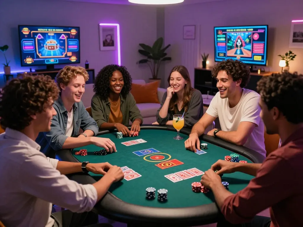 Friends enjoying an exciting game night at https://gem88.com.mx/ with online gambling, cards, and vibrant atmosphere.