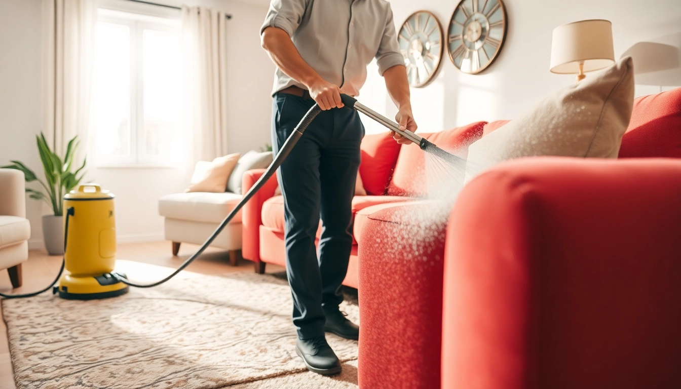 Upholstery cleaning in Glasgow with a technician using a steam cleaner in a bright living room.