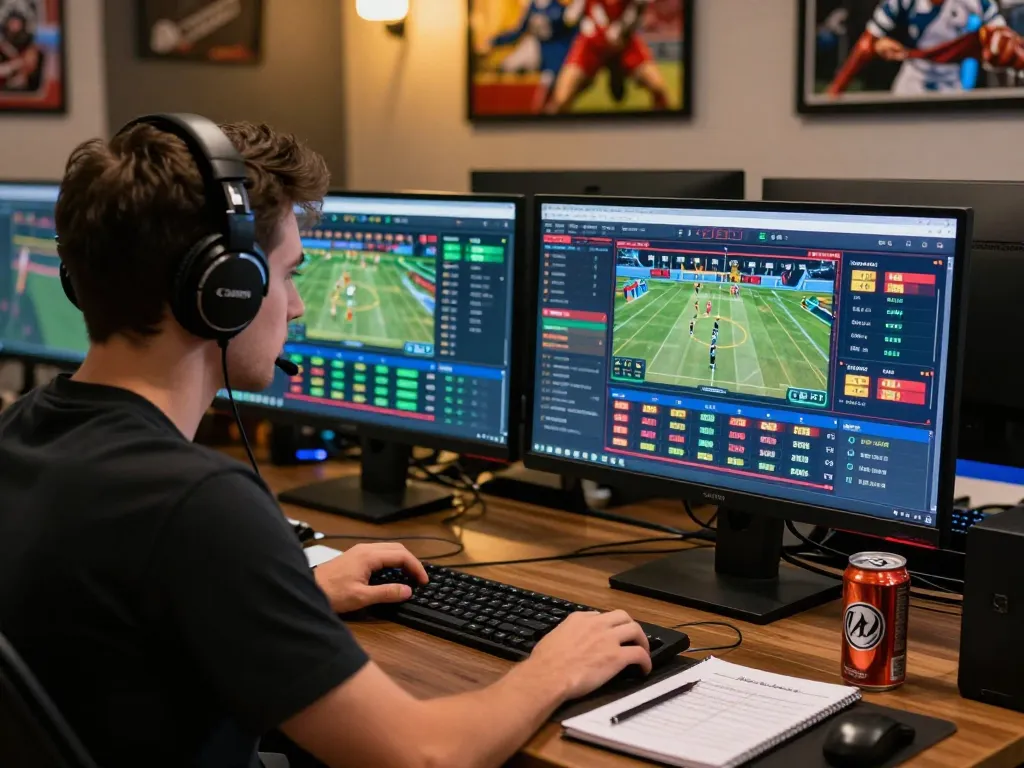 Engaged user at https://rikbet.in.net/ analyzing live sports betting interface in a stylish room.