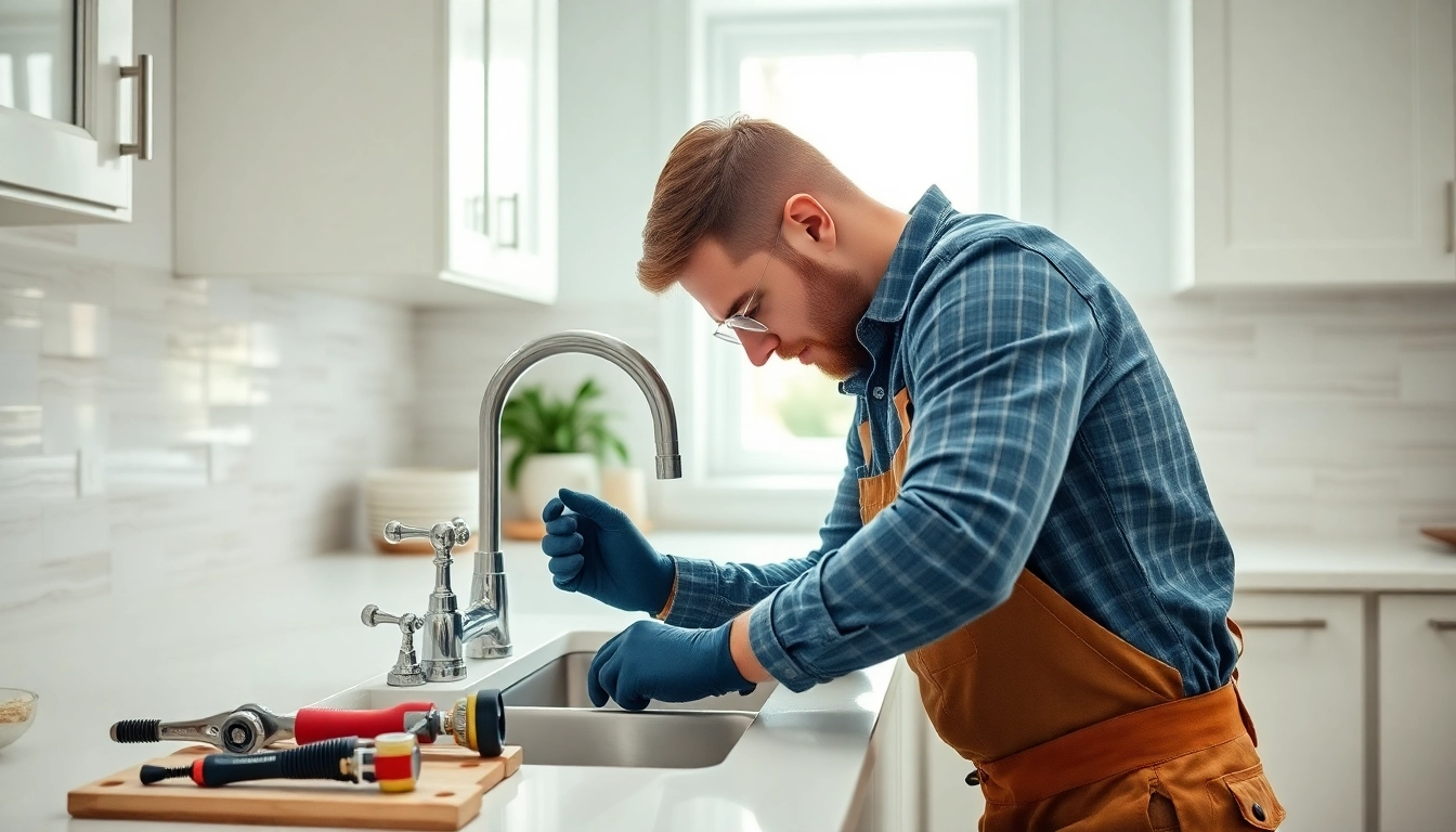 Find a reliable plumber near me working on a kitchen sink installation with expert precision.