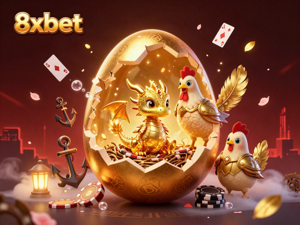 Engage in thrilling gameplay at 8xbet with a vibrant illustration of golden treasures and an enchanting dragon.