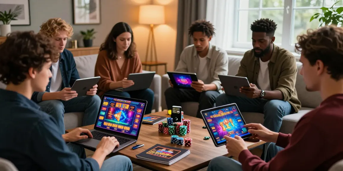 Engaged players enjoying non UK casinos for UK players in a stylish home lounge.