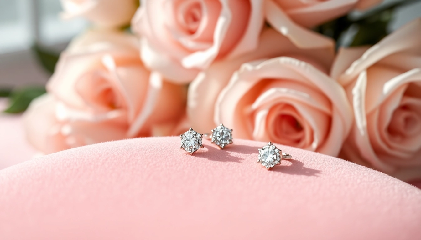 Stylish Valentine's Day diamond cartilage earrings showcased on soft velvet with floral accents.