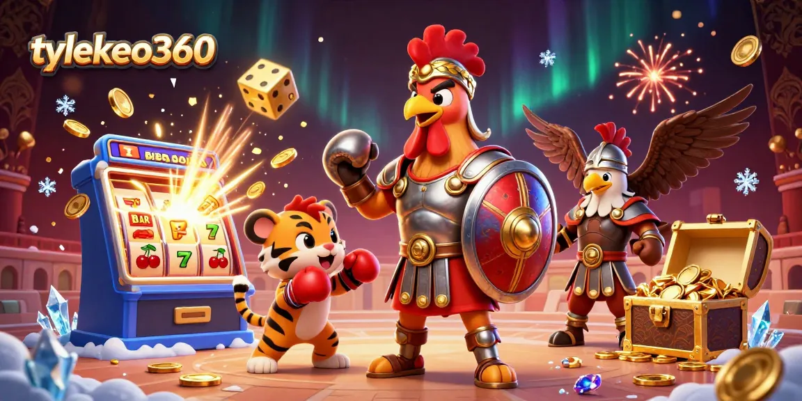 Tylekeo360 presents an engaging scene of a gladiator rooster and sparring tiger in a dynamic casino-themed arena.