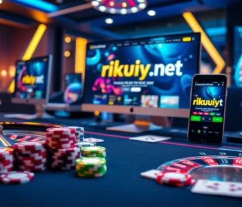 Experience online gaming excitement at rikvip.gb.net with vibrant casino tables, poker chips, and high-tech interfaces.