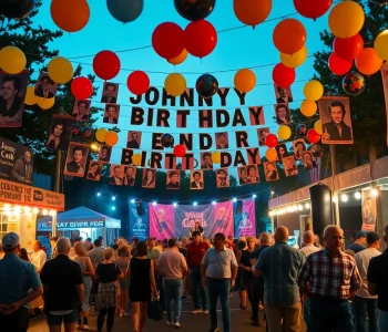 Festive celebration scene at johnnycashbirthday.com honoring Johnny Cash's legacy with music and community.