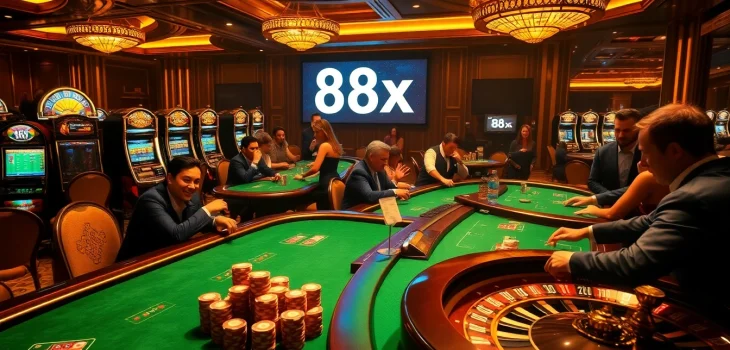 Engaging casino scene highlighting poker and roulette action with 88xx prominently featured.