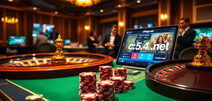 Exciting online casino ambiance with c54.gb.net, featuring poker chips and vibrant betting tables.