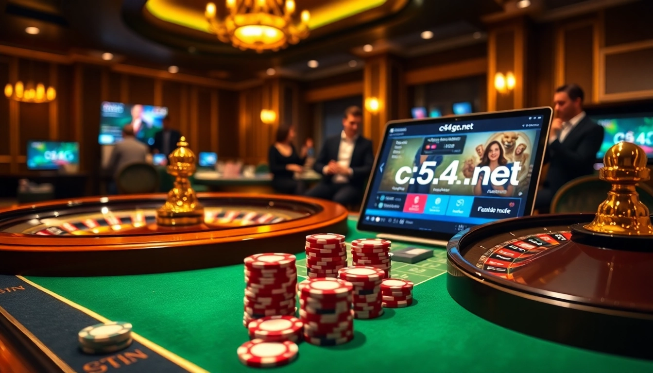 Exciting online casino ambiance with c54.gb.net, featuring poker chips and vibrant betting tables.