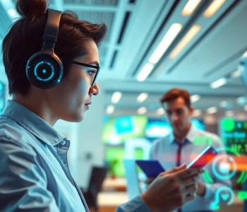 Engaging coworking scene showcasing professionals using advanced technology tools highlighting the theme of ia +18.