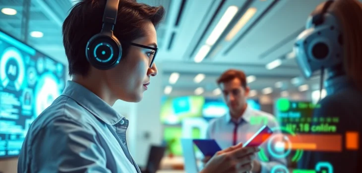 Engaging coworking scene showcasing professionals using advanced technology tools highlighting the theme of ia +18.