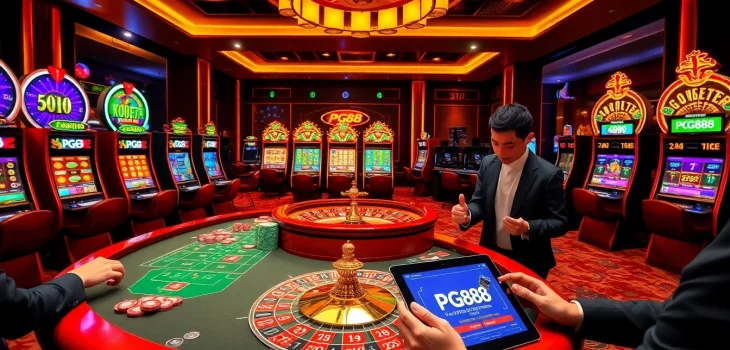 Engaging with PG88 on a new casino platform, featuring vibrant games and betting action.