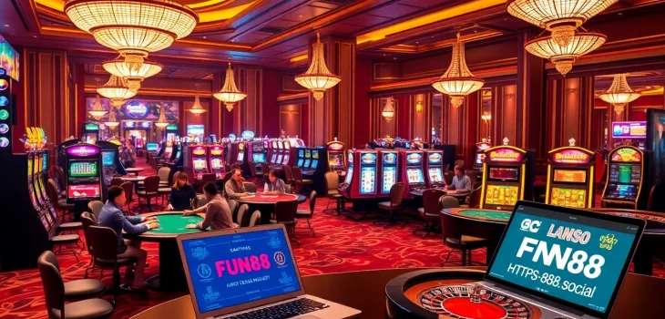 Participants enjoying high-stakes poker and vibrant slot machines at https://fun88.social/, emphasizing a thrilling casino experience.