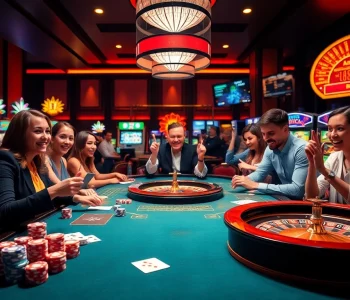 A vibrant casino scene featuring players at a table with cards, chips, and a roulette wheel, highlighting the excitement of https://du88.help/.