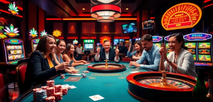 A vibrant casino scene featuring players at a table with cards, chips, and a roulette wheel, highlighting the excitement of https://du88.help/.