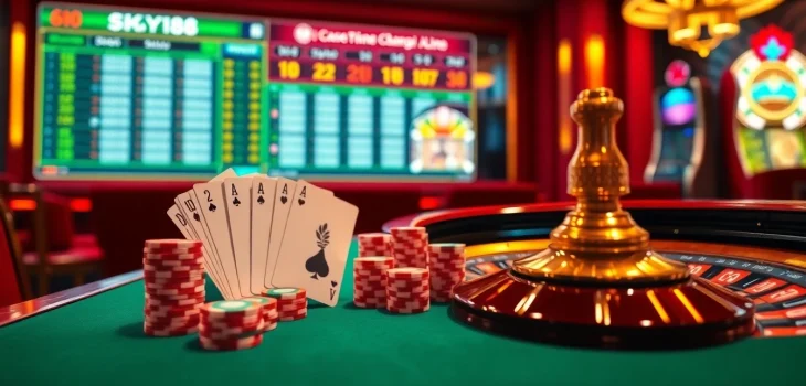 Experience thrilling gameplay at SKY88 with vibrant poker chips and a dazzling roulette wheel.