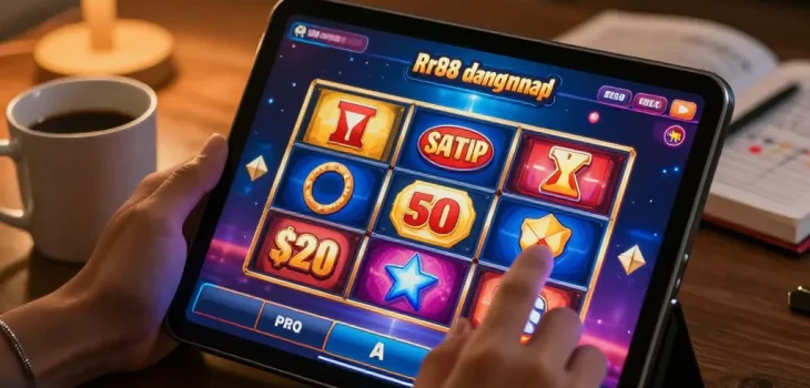 Engaging with Rr88 dang nhap while playing colorful slots on a tablet at home, comfortable setting.