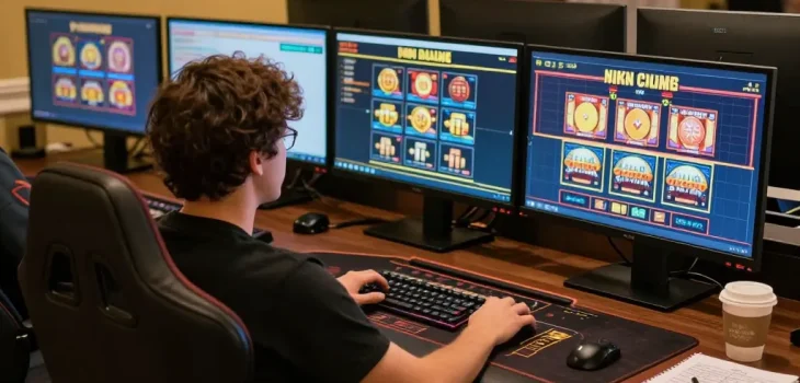 Engaged player using Nhà Cái RR88 online betting platform, showcasing casino games on multiple screens