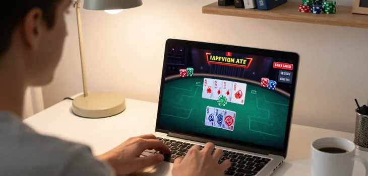 Engaged player at online poker table on lucky88 casino, showcasing live dealer action and strategy.