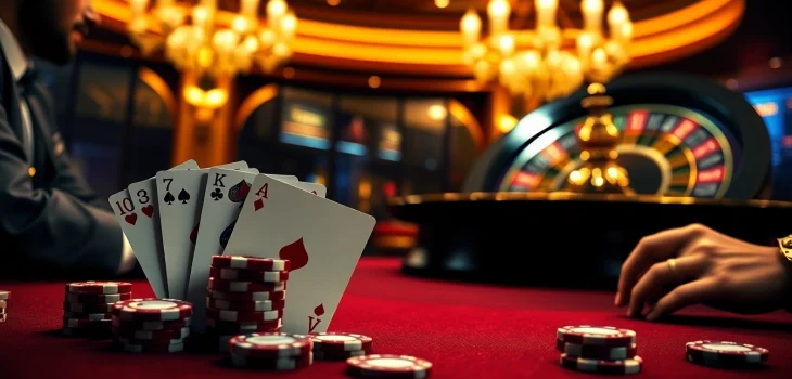 Capture the thrill of a poker game at 33WIN Casino with chips and cards in focus.