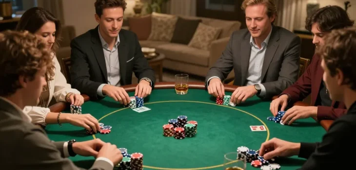 Friends enjoying a dynamic poker game at home, showcasing strategies in an aa888-themed night.