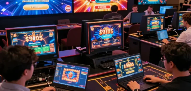 Players engaging with vin88 online casino games on their devices in an exciting digital atmosphere.