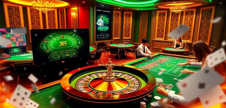 A vibrant casino scene showcasing kk55.com, featuring roulette, poker chips, and lively gameplay.