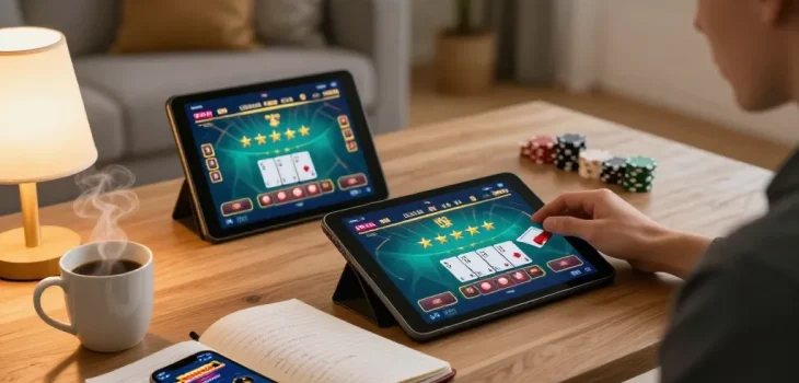 Engaged player enjoying online gaming at Nhà cái SHBET with strategic notes and cozy atmosphere.