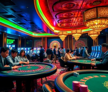 Experience the thrill of Nhà Cái KKWIN in a luxurious casino atmosphere filled with poker tables, roulette wheels, and vibrant energy.