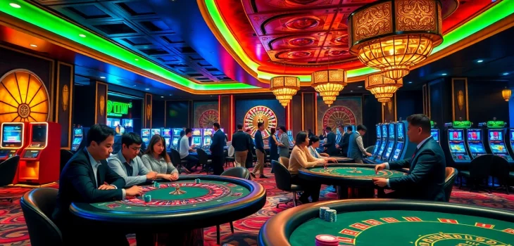 Experience the thrill of Nhà Cái KKWIN in a luxurious casino atmosphere filled with poker tables, roulette wheels, and vibrant energy.