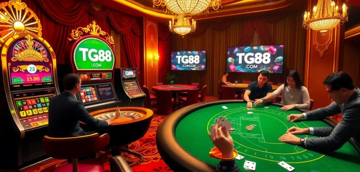 Engaging scene of players at TG88 .COM casino tables, showcasing excitement and luxury in gambling.