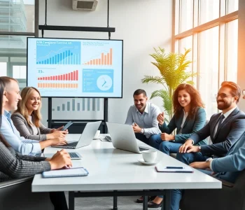 Professional meeting on company formation in the US with diverse businesspeople collaborating in a modern office.