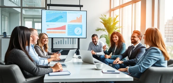 Professional meeting on company formation in the US with diverse businesspeople collaborating in a modern office.