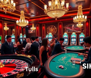 A lively SHBET casino scene with players at poker tables and a roulette wheel under elegant lighting.