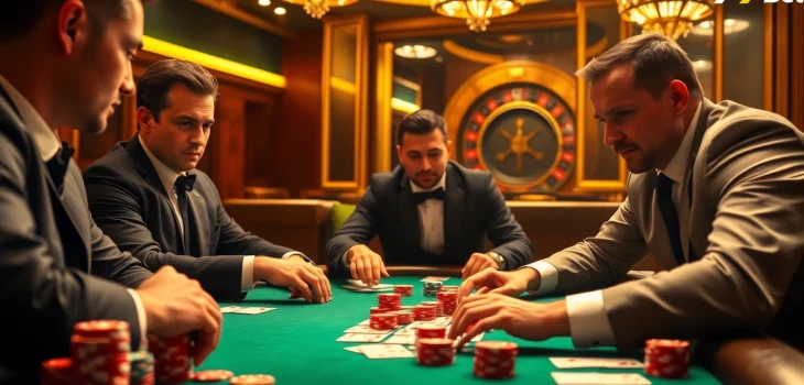 The thrill of a high-stakes poker game at 77Bet, featuring vibrant poker chips and focused players.