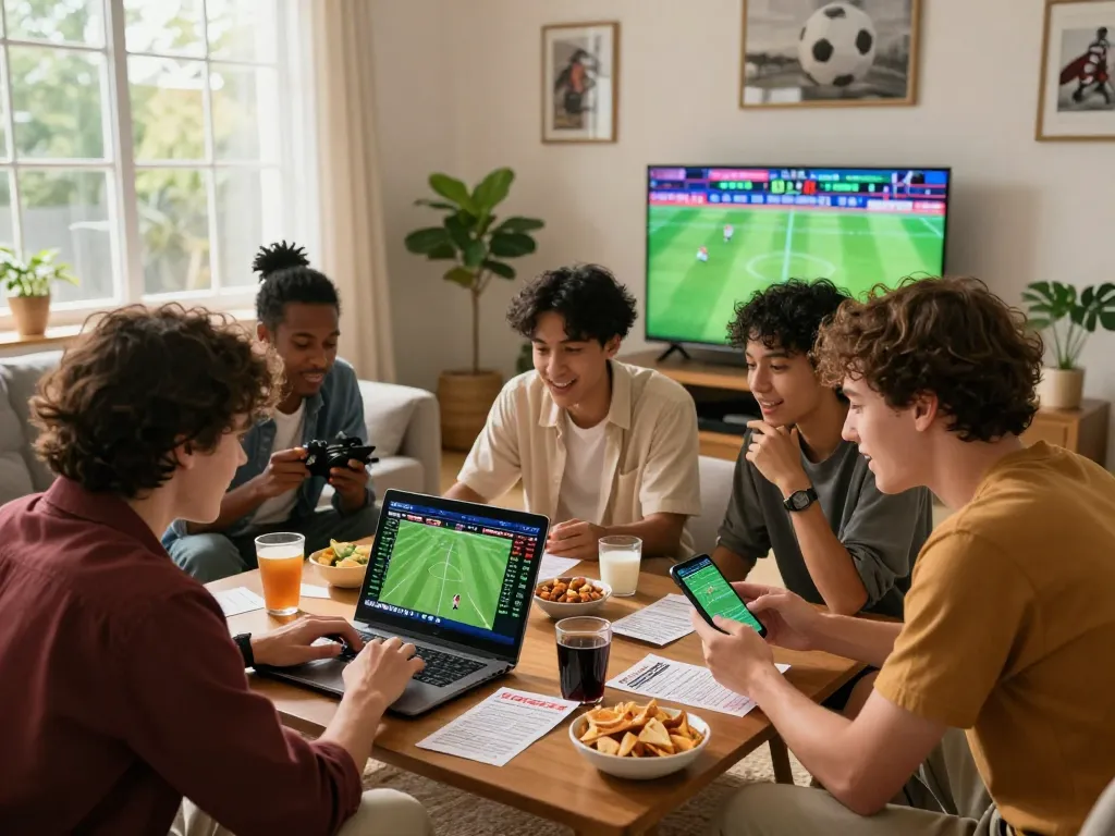 Gathered friends analyzing kèo nhà cái hôm nay while watching a live football match.