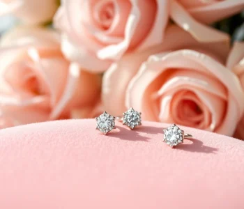 Stylish Valentine's Day diamond cartilage earrings showcased on soft velvet with floral accents.