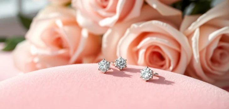 Stylish Valentine's Day diamond cartilage earrings showcased on soft velvet with floral accents.
