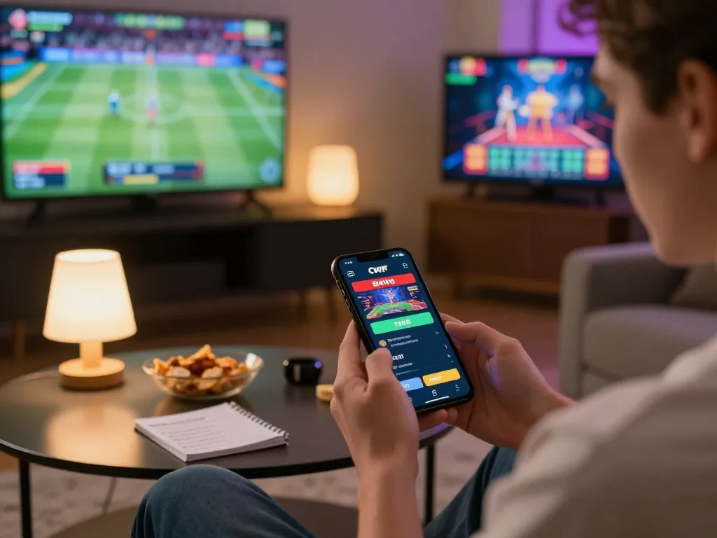Cwin app user engaging in online betting on smartphone, enjoying a comfortable home atmosphere