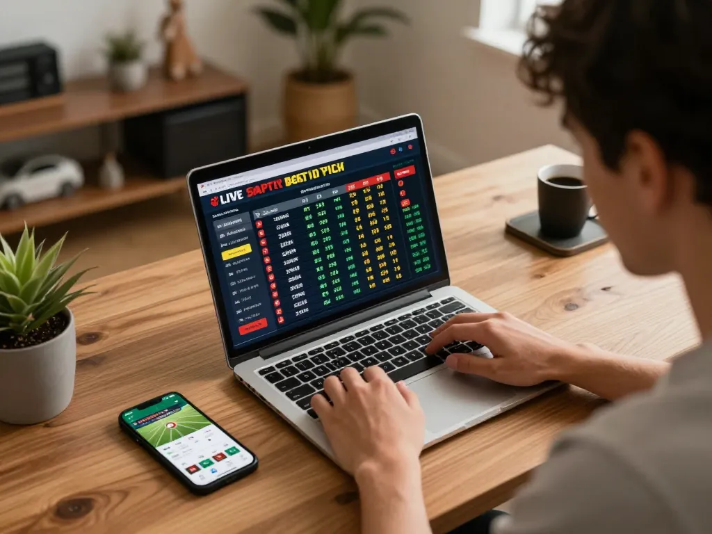Engaging in sports betting with 1gom at a stylish home office, focused on live odds.