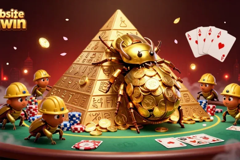Engage with the thrilling Website Sunwin, featuring a massive beetle rolling gold coins in an exciting casino scene.