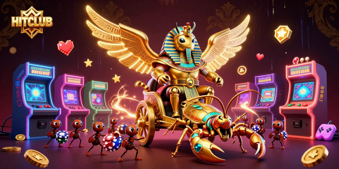 Engage with HITCLUB's ultra-detailed casino scene featuring a golden beetle, scorpions, and vibrant game elements.