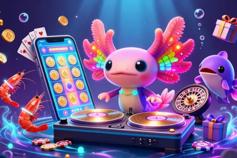 Link Sunwin showcases vibrant 3D casino fun with a DJ axolotl spinning golden records alongside animated shrimp.